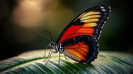 Fototapeta premium Butterfly Perched on Leaf, Tropical Background