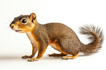 Obraz premium Squirrel standing, looking left, light background. Stock photo for nature, wildlife or animal studies