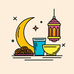 Line drawing design for Iftar, featuring a plate of dates, a glass of water, a cup, hanging lanterns and a crescent moon to symbolize the spirit of Ramadan.