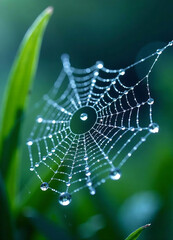 Fototapeta premium Beautiful natural background with necklace of water droplets on a cobweb in grass in spring of summer in blue tones. Texture Dew drops on a spider web in nature close-up macro with soft focus. new fal