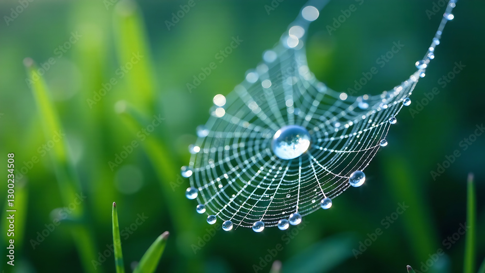 Wall mural beautiful natural background with necklace of water droplets on a cobweb in grass in spring of summe