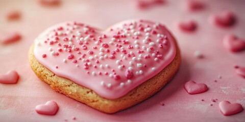 Delicious heart-shaped cookie decorated with pink icing and sprinkles on a pastel surface
