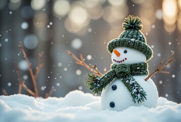 Obraz premium Snowman in Winter Setting with Green Knitted Hat and Scarf