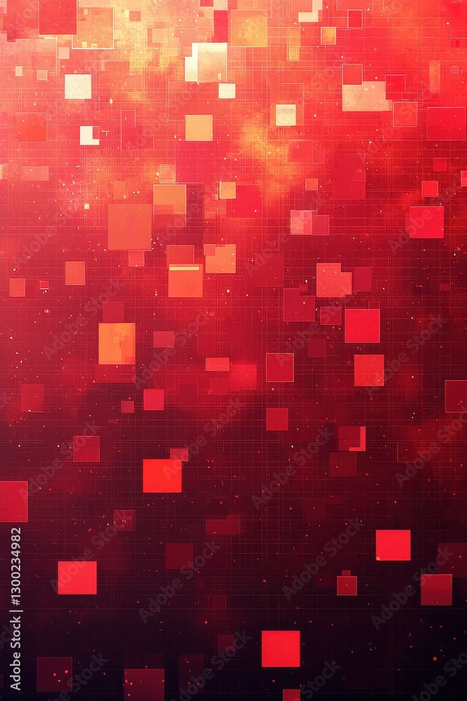 Poster abstract red background with glowing squares and digital grid patterns