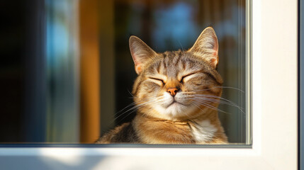 A relaxed cat with a serene smile peers through a white-framed window