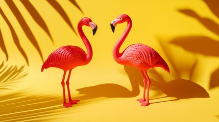 Obraz premium Flamingo toys in motion, vibrant colors, simple yet creative design, evoking joy and playfulness.