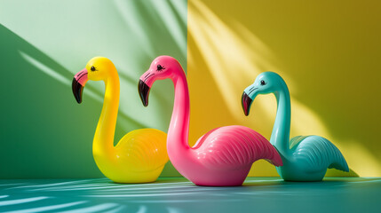 Obraz premium Flamingo toys in motion, vibrant colors, simple yet creative design, evoking joy and playfulness.