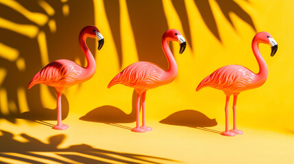 Obraz premium Flamingo toys in motion, vibrant colors, simple yet creative design, evoking joy and playfulness.