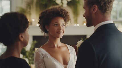 Happy black bride smiling at groom while exchanging vows during wedding ceremony officiated by officiant, with warm lighting and elegant decorations creating romantic atmosphere