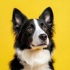 Fototapeta premium Energetic dog posed against a bright yellow background showcasing vibrant colors and playful spirit of canine life