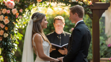 Fototapeta premium Bride and groom holding hands and exchanging vows during a romantic outdoor wedding ceremony under a flower arch with an officiant reading vows from a book