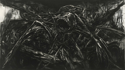 Monstrous Creature Emerging from Wreckage, Dark Fantasy Artwork, Apocalyptic Background, Horror Illustration