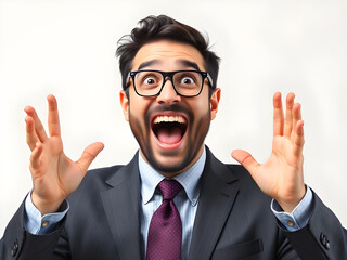 An elated businessman in a suit and glasses with his arms raised in excitement.