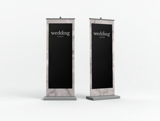 Sleek black and silver wedding expo banner on white background, offering a modern, minimalist event aesthetic.
