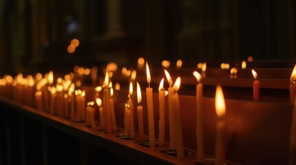 Multiple lit candles in a church with flickering flames, providing a warm and spiritual ambiance in the dark surroundings.