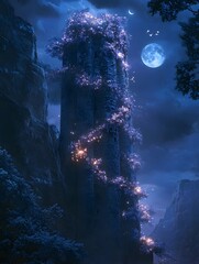 Obraz premium A_magical_vine_of_glowing_flowers_climbing_up_an_ancient_tower