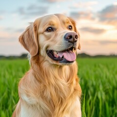 Obraz premium Joyful dog bounding through a vibrant green field filled with wildflowers under a bright and sunny sky