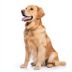 Fototapeta premium Adorable dog sitting calmly against a crisp white background showcasing its features and expressions in detail
