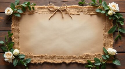 Burlap wedding expo banner with twine and floral details on wooden backdrop, capturing a rustic event charm.