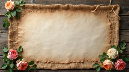Burlap wedding expo banner with twine and floral details on wooden backdrop, capturing a rustic event charm.