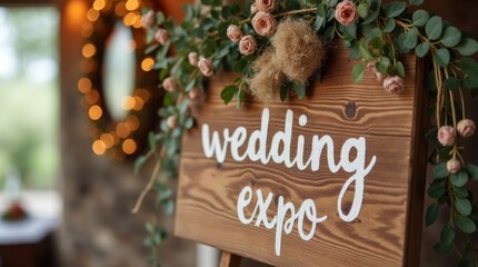 Wooden wedding expo sign with twine and floral details in earthy tones, evoking a rustic countryside charm.