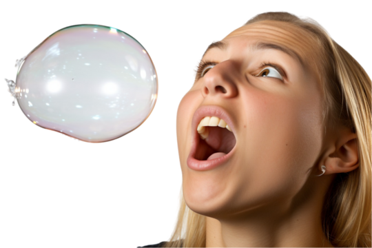 Girl Blowing Bubble Gum – Playful Expression Isolated on Transparent Background - Powered by Adobe