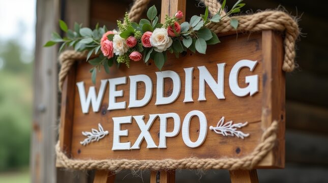 Wooden wedding expo sign with twine and floral details in earthy tones, evoking a rustic countryside charm.