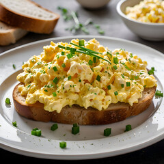 buttery scrambled eggs piled on a slice of toasted sourdough, garnished with fresh chives