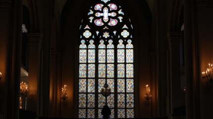 Intricately detailed stained glass window in a Gothic church, glowing with natural light, showcasing deep colors and sacred themes.