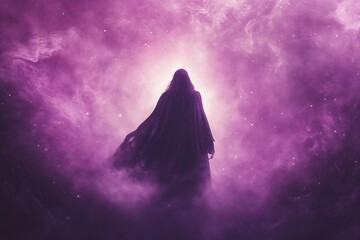 female sorceress in purple robe magical lavender-pink background --ar 3:2
