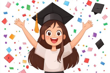 Happy graduate celebrating with arms raised amidst colorful confetti and graduation caps in the air