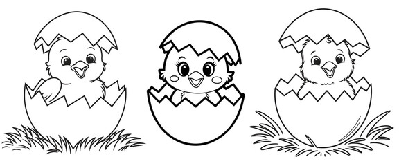 Kids' coloring page of a baby chick with an egg for early learners, kids' activity books, and animal-themed coloring fun pages