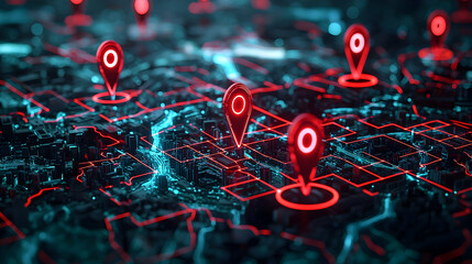 Abstract Digital Map With Illuminated Location Pins And Circuit Board Design