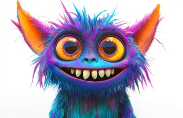 A cartoon character of an animal with large eyes and teeth, smiling at the camera. The creature has long fur in blue hues with purple ears, a red nose, yellow pupils, and pink lips. It is depicted in 