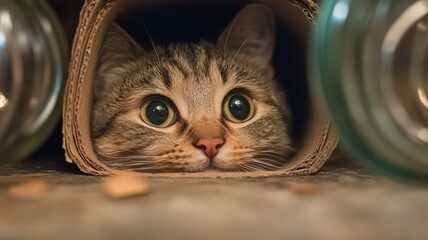 Tabby Cat Peeking from Cardboard Tube in Low-Key Lighting