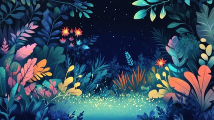 Colorful stylized illustration of a fantastical glowing forest scene