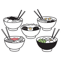 poke bowl collection. Salmon, cucumber, tomato, egg, shrimp, and other vector 