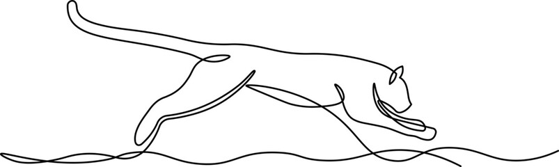 Jumping Panther, Jaguar, Tiger one line drawing with editable stroke on white isolated background. Vector illustration