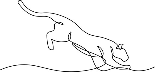 Jumping Panther, Jaguar, Tiger one line drawing with editable stroke on white isolated background. Vector illustration