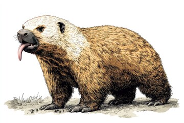 Fototapeta premium Illustration of a playful honey badger standing on a grassy patch, showcasing its unique fur and features