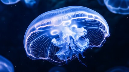 Obraz premium Glowing Jellyfish Swimming Gracefully in Dark Ocean Water Depths