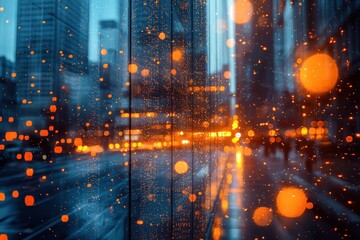 Naklejka premium Urban Night Scene with Reflections and Bokeh Lights Effect