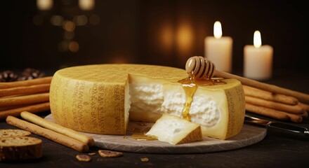 Gourmet cheese wheel with honey and breadsticks in romantic candlelight setting