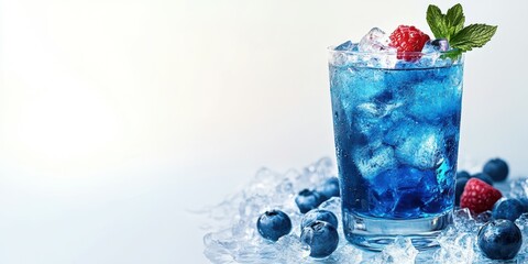 Refreshing blue cocktail garnished with berries and mint on a bed of ice in a summer setting