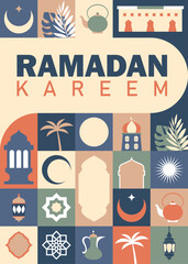 Icons collection in one frame of Ramadan Kareem greeting card