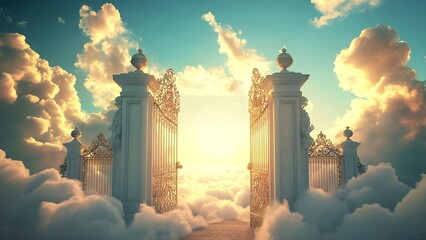 Fototapeta premium A grand gate opens into a bright, heavenly space surrounded by fluffy clouds and a radiant sky. Concept Heavenly Entrance, Ethereal Atmosphere, Radiant Skyline, Fluffy Cloudscape, Serene Ambience