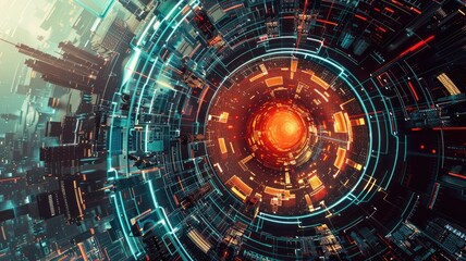 Fototapeta premium Close-up view of a complex circuit board with glowing lights. Macro photograph of skyscraper and tower with electrical circuit. Technology innovation and engineering concept for design. AIG53.