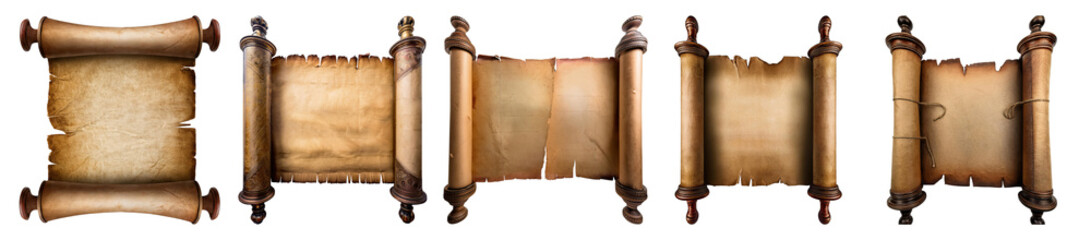 Vintage Rolled Scrolls on White Background for Historical Themes, Isolate on Transparent Background