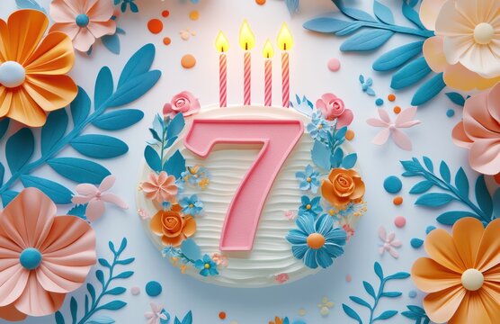 7th birthday cake with candles and flowers; celebration card