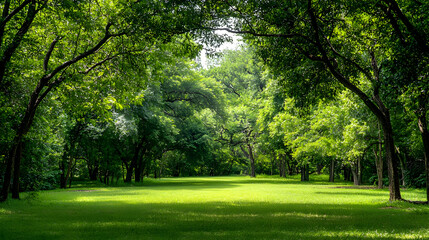 Obraz premium Lush Green Park Scene With Trees Forming an Arbor Pathway and Bright Sunlight Shining Through Leaves